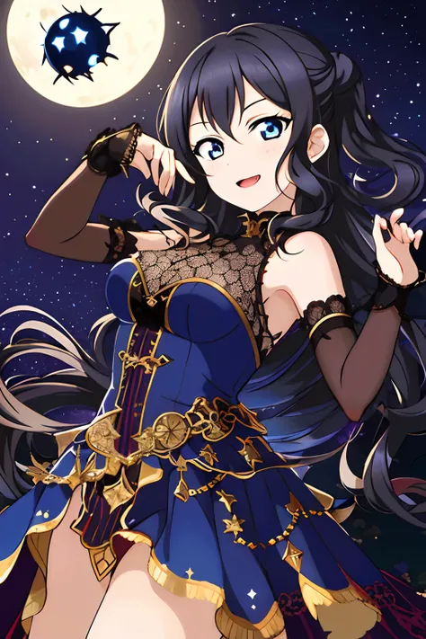 masterpiece, best quality, masterpiece, (1girl), (LLChar),witch, dark energy, blue eyes, (extremely evil), dark magic, dark forest, negaive energy, hell, void, stars, black hair, curly hair,