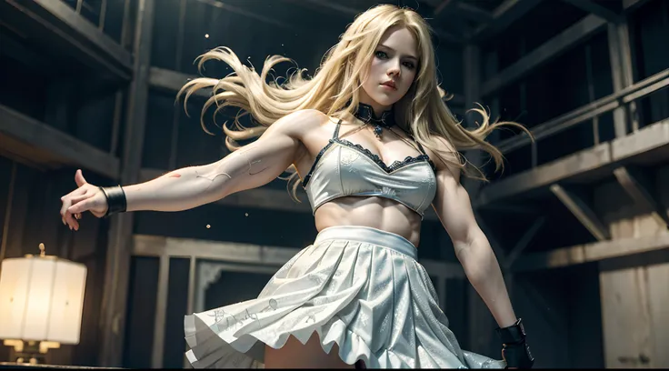 Full body, a detailed 21 year old bodybuilder superhero Avril Lavigne, wearing white short gown and mini-skirt clothing, detailed face, blonde hair, dynamic pose, looking at us, Korean atmosphere, sharp focus, photo lighting, intricately detailed art, fant...