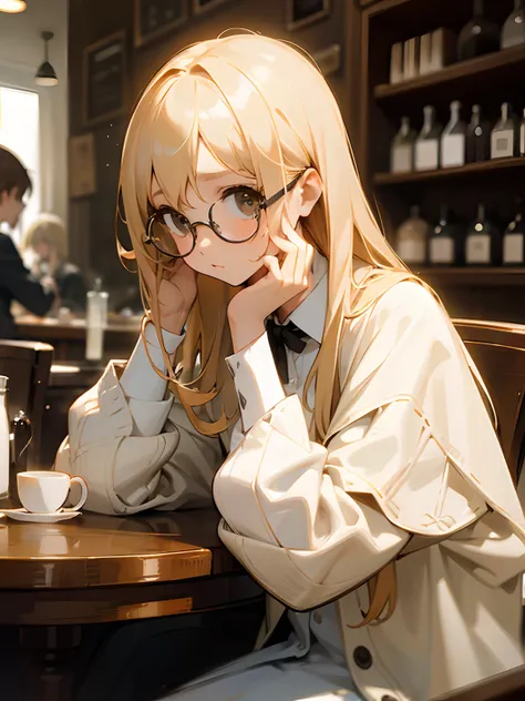 girl with,blondehair,long,Round glasses,White cardigan,Fashionable,cafes,Bust-up composition,high-level image quality