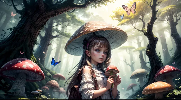 "Magical encounter, closeup young girl exploring, gigantic mushroom, ethereal butterflies, misty wonderland, enchanting details"