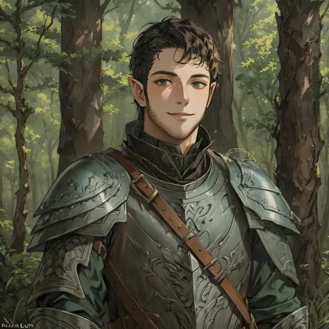 there is a man in armor standing in the woods, a portrait of a male elf, fantasy male portrait, arsen lupin as a paladin, fantasy art smug smile man, male elf ranger, portrait of fin wildcloak, dnd character art portrait, fantasy character portrait, detail...