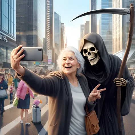 there is a woman taking a picture of a man with a scythe, 8k selfie photograph, reminded me of the grim reaper, taking a selfie, the last selfie ever taken, hyper real photo, last selfie ever taken, cool marketing photo, grim reaper except a rat, grim reap...