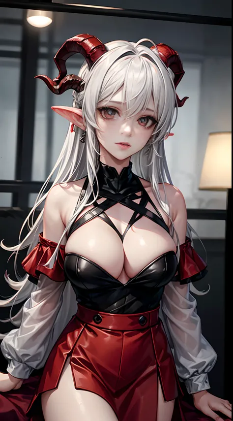 ruined shopping mall as background, female devil with the horns, fire as background, White color hair, Off-the-shoulder attire, sexy dress, masterpiece, (high detail:1.1), Rough face, seductive, sexy pose, fashion model posing, Large breasts, Natural skin,...