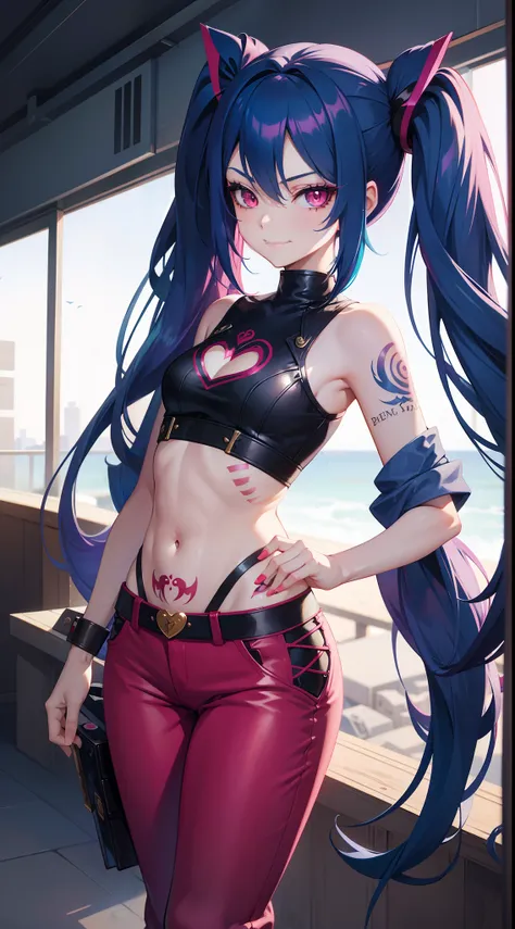 young girl, long blue hair, Two long pigtails, red eyes, smirk, tattoo, Black Top, open belly, flat chest, pink pants, Jinx(League of Legends), Masterpiece, hiquality, 4k, HD, Good detail