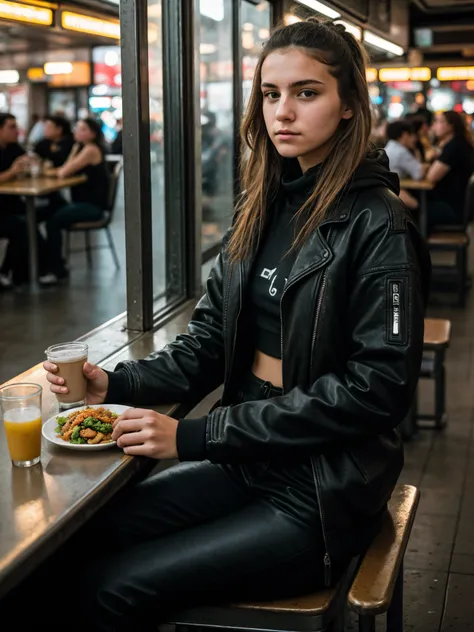 gritty raw street photography, plain clean earthy young female hacker, matrixpunk cybercostume, sitting in a busy crowded street...