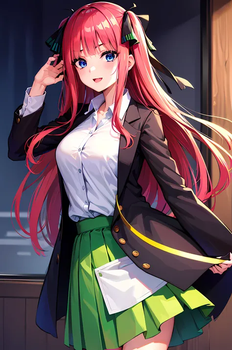 Beautiful young girl is happy and looking at the viewer,1girl,long reddish-pink hair,beautiful dark blue eyes,Black Ribbons,wearing white shirt,black jacket,green skirt,white panties,medium breasts,sexy pose,anime,(Nino Nakano),(Gotoubun no Hanayome),maste...