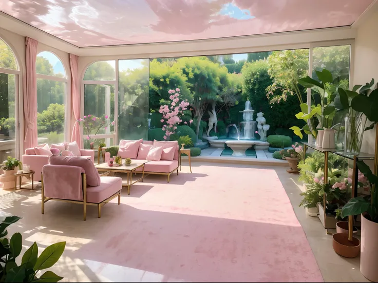 When you enter the living room of this upscale villa, a magical scene unfolds before your eyes. Outside the wide French windows is a courtyard full of enchantment, with a fountain in the distance emitting pink mist. The walls of the living room are painted...