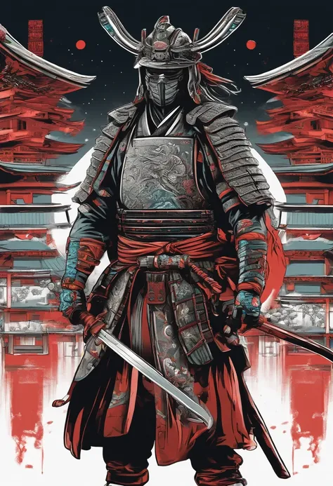 Japan cyberpunk samurai vector t-shirt print, Detailed sticker styles, Color drawing in tattoo style, White background