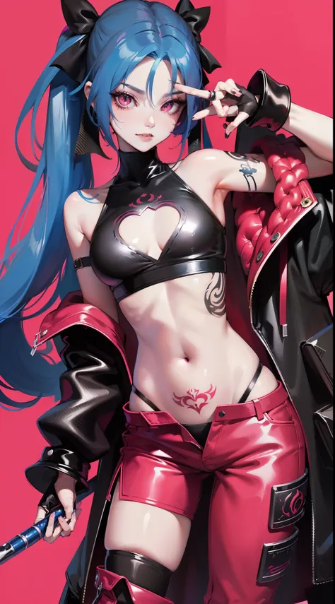 young girl, long blue hair, Two long pigtails, red eyes, smirk, tattoo, Black Top, open belly, flat chest, pink pants, Jinx(League of Legends), Masterpiece, hiquality, 4k, HD, Good detail