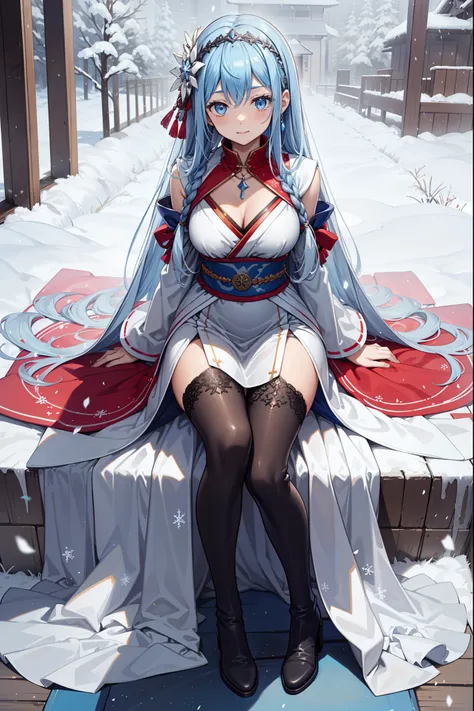 saints，seductiv，having fun，Being in love，(Western magic white dress)，silber hair，eBlue eyes，Suitable transparent clothing，Decoration of saints，Sky blue cloth，Snowflake pattern，Sky blue pattern，Snowy nights，Transparent lace，exquisite costumes，Sit Pose，solo ...