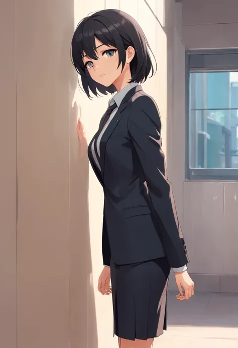 8K delicate perfect true 2D black hair long eyes black young mature woman wearing suit black, legs dressed in black silk, delicate face, Figure mature（Photo du corps entier）Leaning against a white wall, looking ahead, son visage est froid