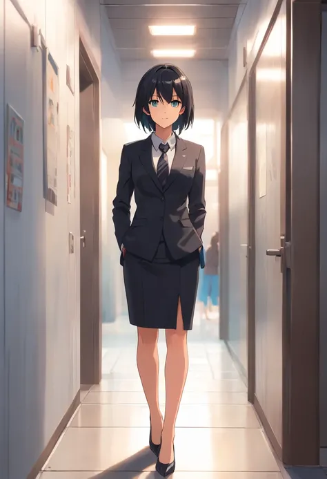 8K delicate perfect true 2D black hair long eyes black young mature woman wearing suit black, legs dressed in black silk, delicate face, Figure mature（Photo du corps entier）Leaning against a white wall, looking ahead, son visage est froid