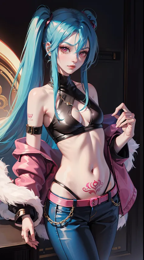 young girl, long blue hair, Two long pigtails, red eyes, smirk, tattoo, Black Top, open belly, flat chest, pink pants, Jinx(League of Legends), Masterpiece, hiquality, 4k, HD, Good detail