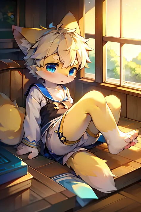 Blue pupils, Light yellow fluffy body, Light yellow furry tail, Boy cat，Exquisite wallpapers，Very cute，The popular style of the P station，One role solo，Light yellow cute fluffy little long legs，Shotai style，Blushlush，intricate detailed clothes