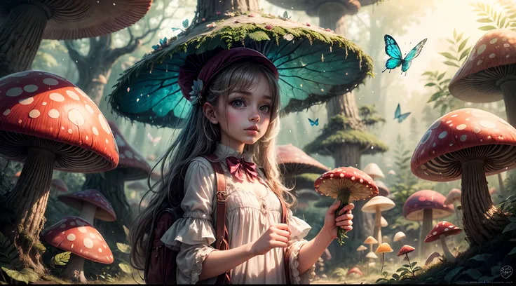 "Magical encounter, closeup young girl exploring, gigantic mushroom, ethereal butterflies, misty wonderland, enchanting details"