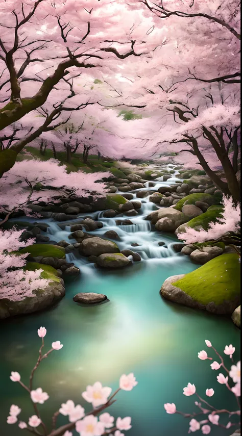 masterpiece, best quality, high quality, extremely detailed 32k wallpaper by CG unit, an enchanting front view scene of crystal clear pond in Japan, cherry blossom trees in the background, sunrise, creating a sense of mystique and enchantment, season art, ...