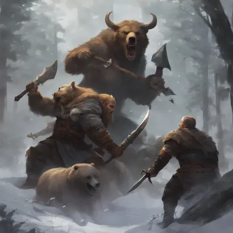 viking warriors fighting with a bear in a florest