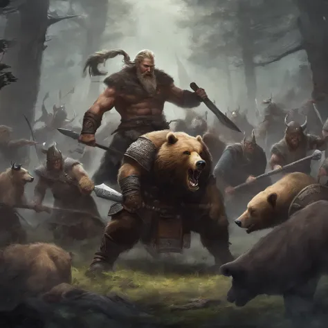 viking warriors fighting with a bear in a florest