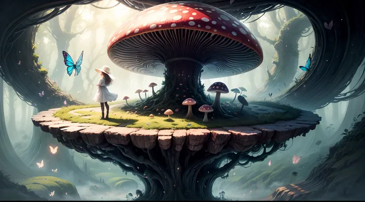 "Magical encounter, closeup young girl exploring, gigantic mushroom, ethereal butterflies, misty wonderland, enchanting details"