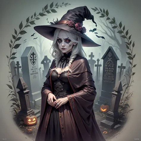 Halloween image of nefarious witches with old face and in gloomy cemetery --auto --s2