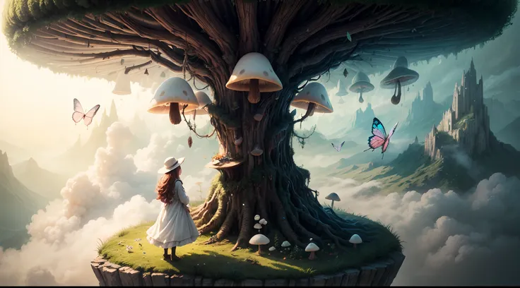 "Magical encounter, closeup young girl exploring, gigantic mushroom, ethereal butterflies, misty wonderland, enchanting details"