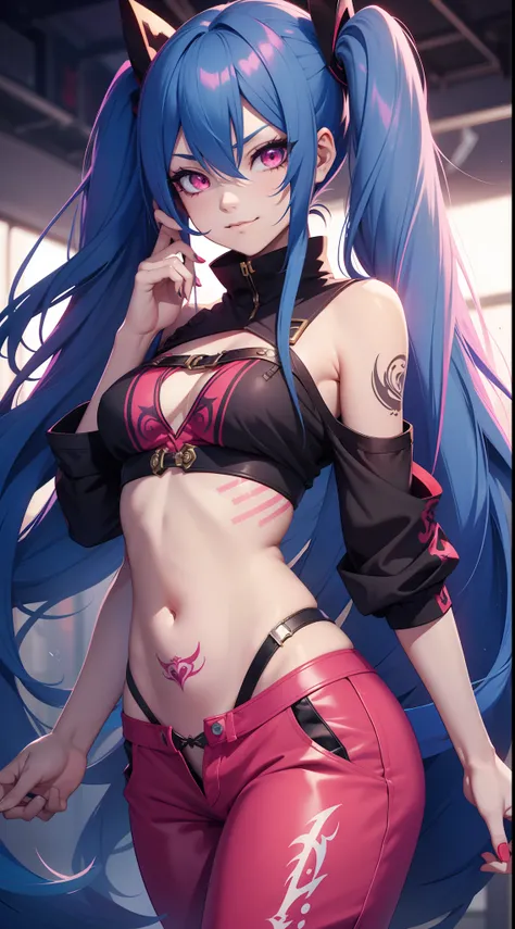 young girl, long blue hair, Two long pigtails, red eyes, smirk, tattoo, Black Top, open belly, flat chest, pink pants, Jinx(League of Legends), Masterpiece, hiquality, 4k, HD, Good detail