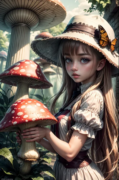 "Magical encounter, young closeup girl exploring, gigantic mushroom, ethereal butterflies, misty wonderland, enchanting details"