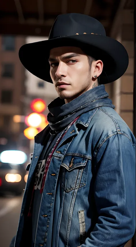 Handsome guy wearing a hat and scarf, art station trends, Wear punk clothes, Ultra-realistic detailed rendering, background blur, Urban style, scary pose, fashionable attire, urbansamurai,, Western denim specialty