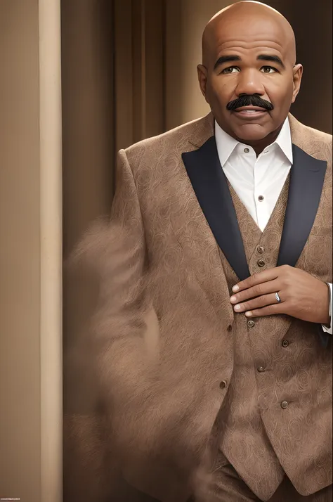 Photo of Steve Harvey , 50 years, successful appearance, brown skin, air of seriousness, short beard, wearing suit, best quality, rim lighting, highly detailed skin, 8k uhd, dslr, high quality, high resolution, 4k, 8k --auto --s2