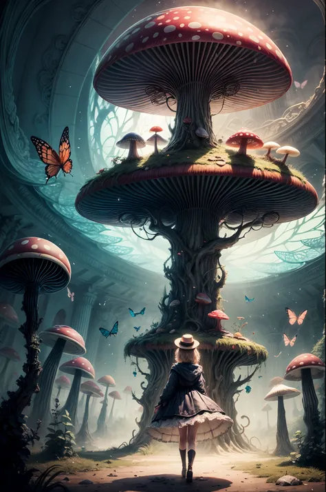 "Magical encounter, young girl exploring, gigantic mushroom, ethereal butterflies, misty wonderland, enchanting details"