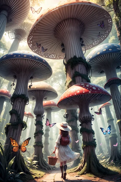 "Magical encounter, young girl exploring, gigantic mushroom, ethereal butterflies, misty wonderland, enchanting details"