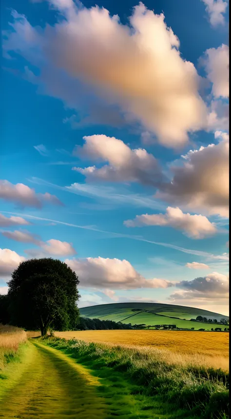 steppe landscape，blues sky and clouds,  green forest, Dingdall effect，a country road，Colorful hot air balloons，high quality desktop wallpaper, verdant forest, detailed fields nature, beautiful english countryside, Stunning landscape, Rolling hills, Landsca...