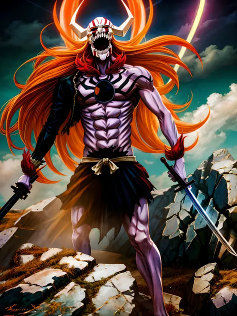 masterpiece, best quality, Ichigo Vasto Lorde, 1boy, sword, cinematic light, soft lightning, epic, badass pose,dark sky, absolutely stunning art, extremely detailed, highest quality digital art,black tattoos