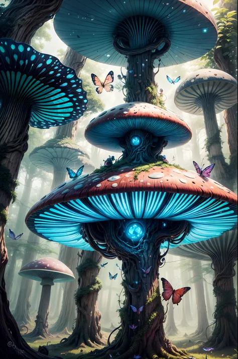 "Magical encounter, young girl exploring, gigantic mushroom, ethereal butterflies, misty wonderland, enchanting details"