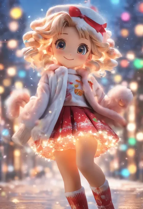 1 cute girl，Plush socks with Christmas elements，short  skirt，Christmas theme，(tmasterpiece: 1.2) (realisticlying: 1.2) (Bokeh) (best qualityer) (Detailed skins: 1.3) (intricately details) (8K) (detailedeyes) (sharp-focus), (cheerfulness) a blind box toy, G...