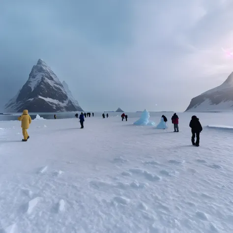 People walk with snowmen in the snow near the mountain, snowy arctic environment, walking across ice planet, ice mountains afar, walking on ice, luminist polar landscape, with a snowy mountain and ice, Snow-capped fjords, icy mountains in the background, t...