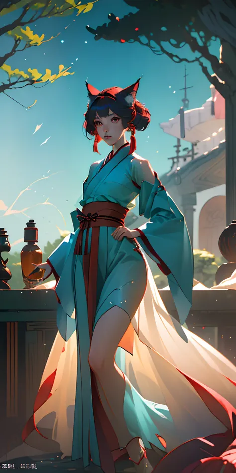 （best qualtiy，tmasterpiece），1girl，nine tail fox，Hanfu，Particle，ventania，looking at viewert，fox ear，monsters in the background，Contre-Jour，The upper part of the body，lewd poses