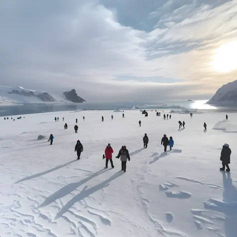 People walking on snow-covered beaches，The background is a patch of water, snowy arctic environment, walking across ice planet, luminist polar landscape, atarctive, inuk, is playing happily, planet hoth, winter, Inspired by Slava Raskay, by Daren Bader, po...