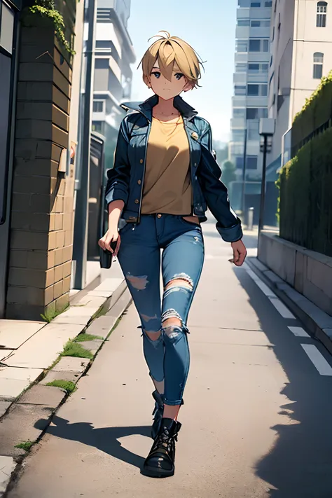 Tomboy woman with short blonde hair, wearing a denim jacket, walking toward her goal.