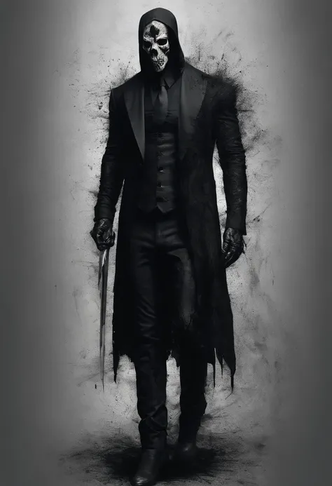 a tall muscular man with torn ragged black suit with a black mask 。Completely realistic,  Full high resolution, Well made，detail-rich