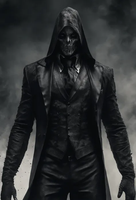 a tall muscular man with torn ragged black suit with a black mask 。Completely realistic,  Full high resolution, Well made，detail-rich