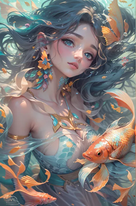 (Best quality,4K,8K,A high resolution,Masterpiece:1.2),Ultra-detailed,Beautiful detailed eyes,beautiful detailed lips,Extremely detailed eyes and face,long eyelasher,Seductive gaze,((Fish tail)),Shimmering scales,Ethereal beauty,A mysterious underwater wor...