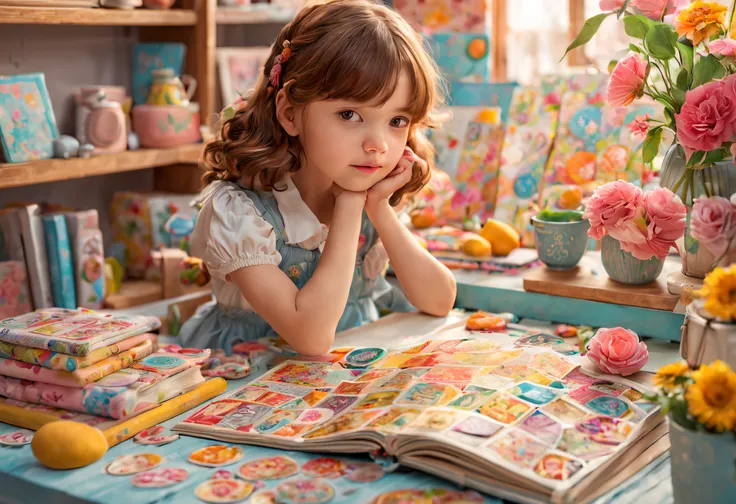 (masterpiece: 1.2), (best quality), (ultra detailed), (8k, 4k, intricate), (highly detailed: 1.2),A girl with a sticker collection book, colorful illustrations, vintage style, nostalgic memories, detailed stickers, vibrant colors, soft pastel tones, natura...