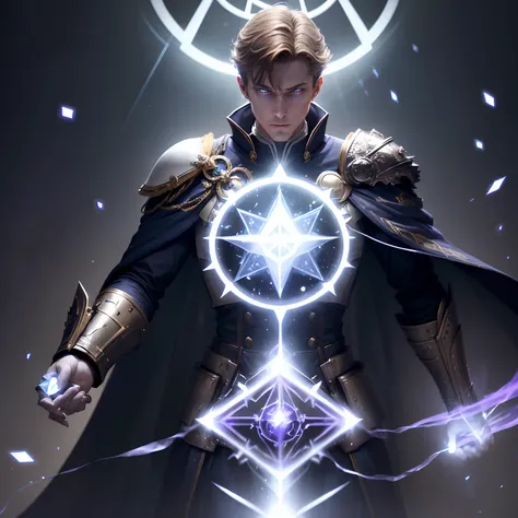 pale-white skinned male adult with short, brown hair (about 30-35 years of age), in ((dark navy blue sci fi royal emperor imperial uniform-))0 bearing a penrose triangle, ((some armor)) embedded into the clothing, a reality-bending cape, ((glowing white ey...