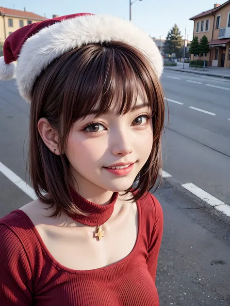 (masutepiece, top-quality、Very attractive adult beauty、Add intense highlights to the eyes、Look firmly at the camera、Beautiful woman full of adult charm),1girl in, 独奏, Light brown shiny hair, muffler,Santa Claus hat,realisitic, looking at the viewers, Brigh...