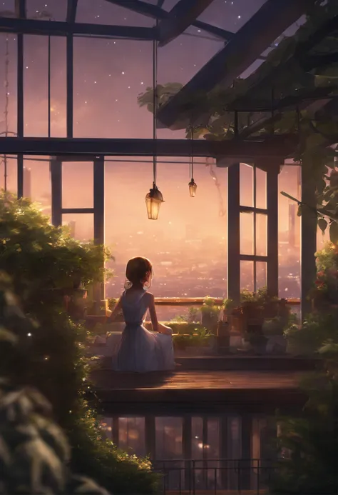 Best Quality, masutepiece, Extremely detailed, Detailed background, Anime, 1girl in, Young Girl, Short Girl, scientific fiction, Science fiction, Outdoors, Night, Starry sky, greenhouse, megastructure, Biodome, landscape, Scenery, Horizon, On the rooftop, ...