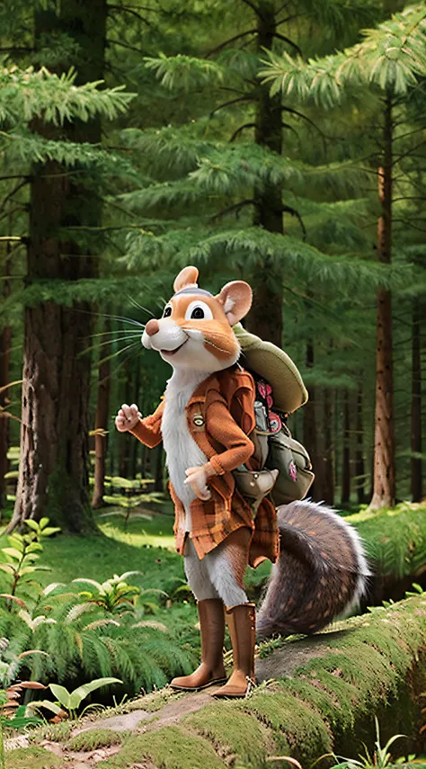 forest backgrou，a squirrel in boots and a hat