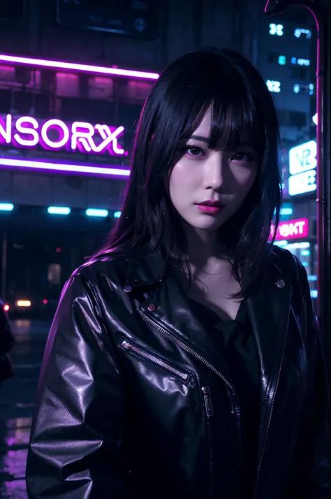 Neon noir beautiful woman semi robot taking selfie,looking at viewer, . Cyberpunk, dark, rainy streets, neon signs, high contrast, low light, vibrant, highly detailed