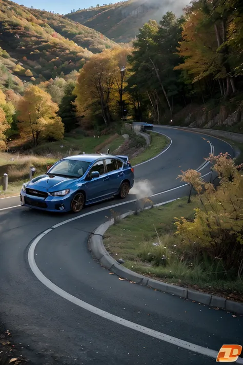 A Subaru blue Subaru Impreza STI drifts around the hairpin curve of a mountain pass while the surrounding area is colored with autumn leaves. ((Subaru Imprezas British American Tobacco sponsor sticker is attached to the car body)),