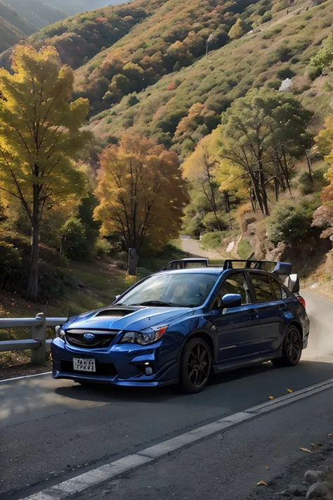 A Subaru blue Subaru Impreza STI drifts around the hairpin curve of a mountain pass while the surrounding area is colored with autumn leaves. ((Subaru Imprezas British American Tobacco sponsor sticker is attached to the car body)),